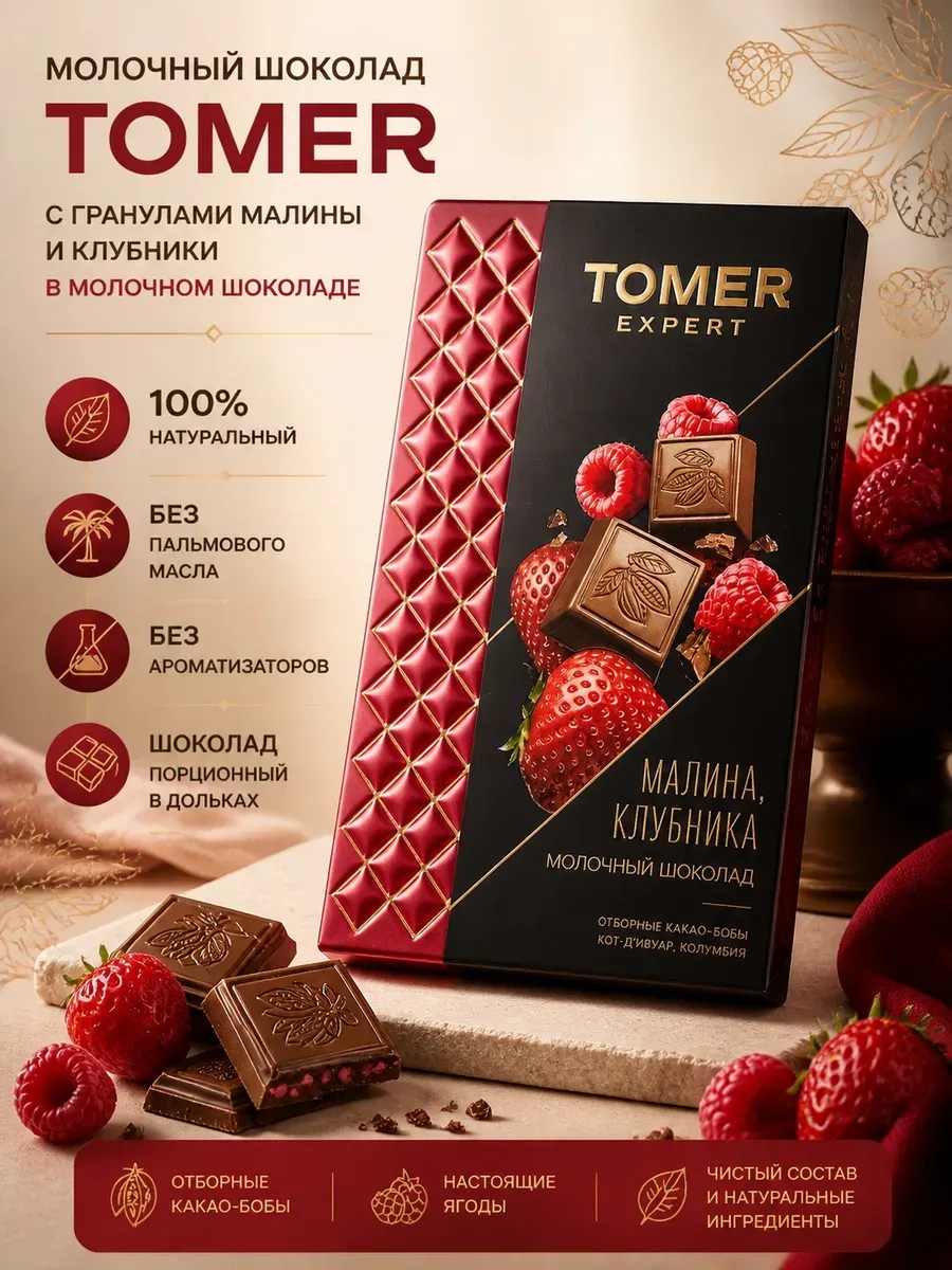 Шоколад молочный "Tomer" малина-клубника,2х90гр