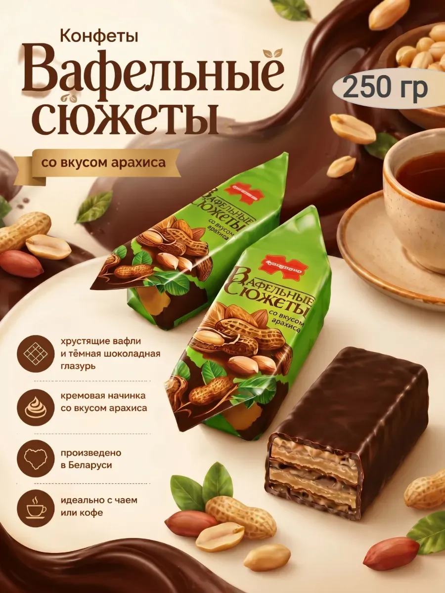 Конфеты «Вафельные сюжеты»,вкус арахис,250гр