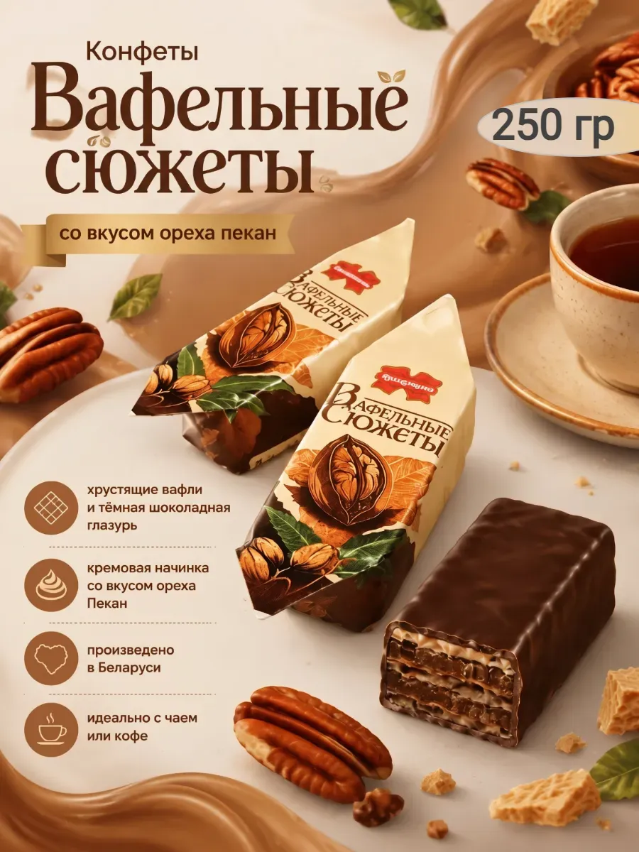 Конфеты «Вафельные сюжеты»,вкус ореха пекан,250гр